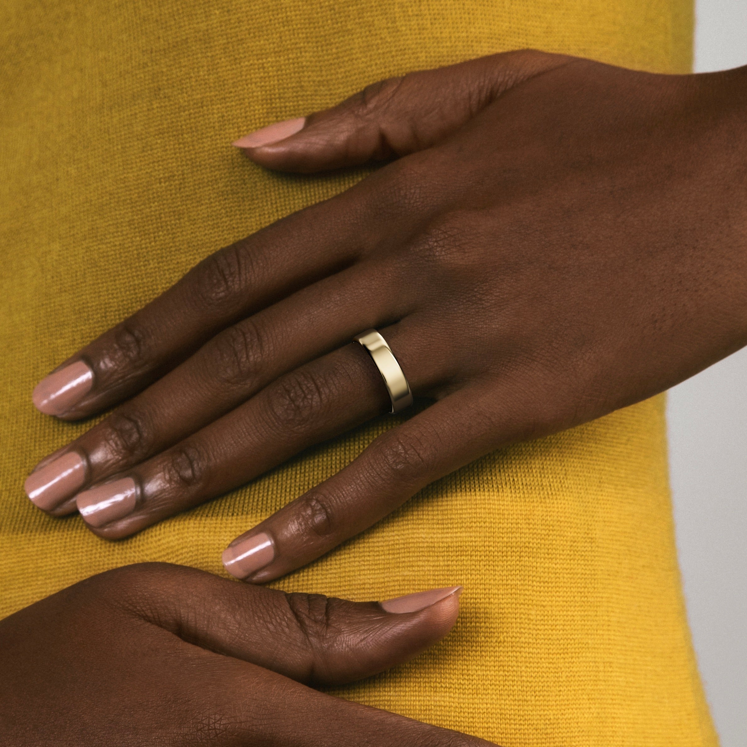 6mm flat profile band shown worn in natural light