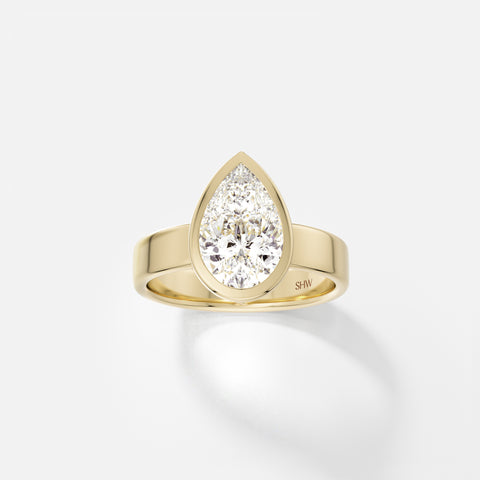 Wide Shank Bezel Engagement Ring with Pear Shape Lab grown Natural Diamond 14k 18k yellow white rose gold or platinum SHW Fine Jewelry NYC