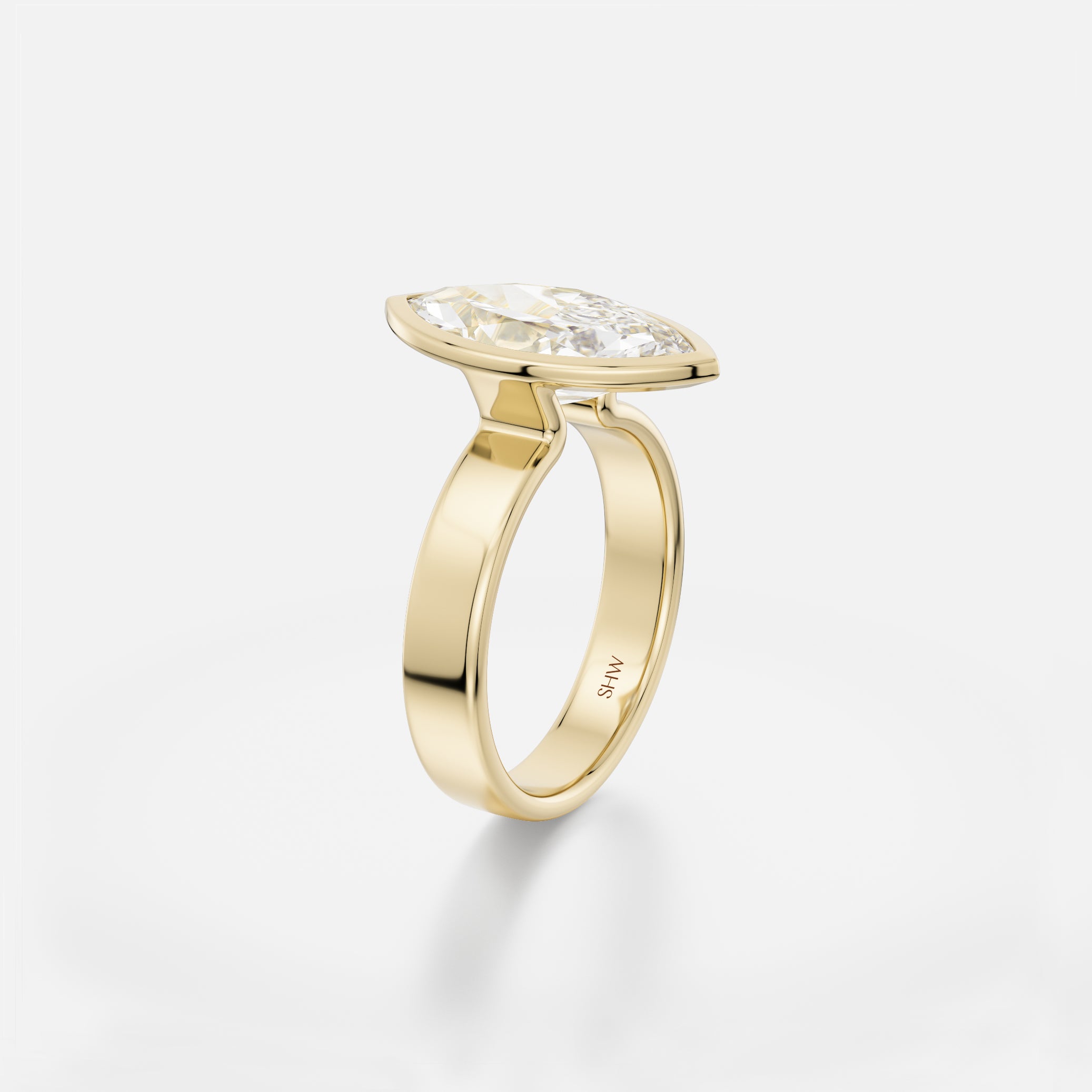Badi Flat Sculptural Wide Large Band with North South Marquise Cut Profile Bezel Set Unique Engagement Ring Setting in recycled 14k Gold or platinum by SHW Fine Jewelry NYC