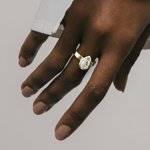 Badi Flat Sculptural Wide Large Band with North South Pear Cut Profile Bezel Set Modern Engagement Ring Setting in recycled 14 karat Gold or platinum handcrafted by SHW Fine Jewelry NYC