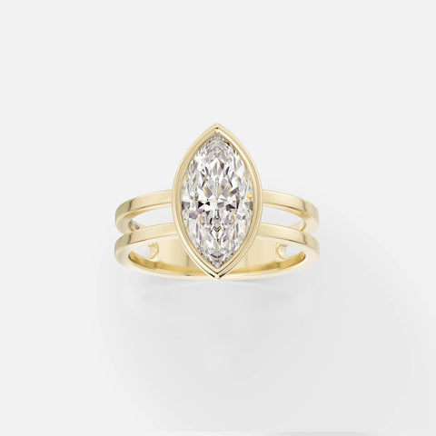 14k yellow gold double band engagement ring with 1.75 carat marquise diamond set north south in thin bezel