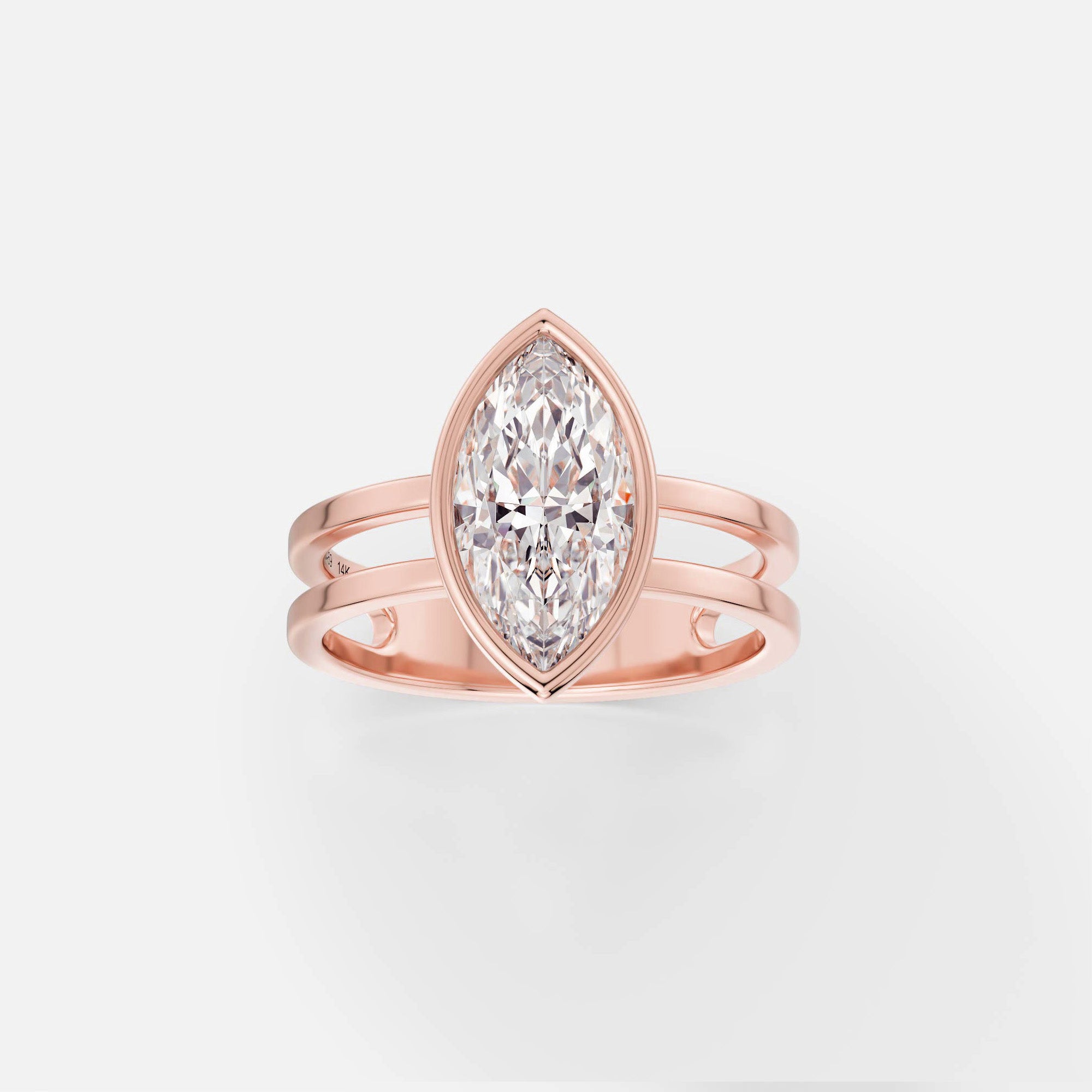 14k rose gold double band engagement ring with 1.75 carat marquise diamond set north south in thin bezel