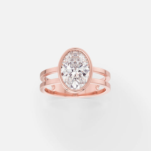 14k rose gold double band engagement ring with 2 carat oval diamond set north south in thin bezel