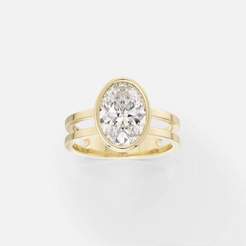 14k yellow gold double band engagement ring with 2 carat oval diamond set north south in thin bezel
