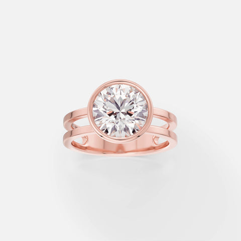 14k rose gold double band engagement ring with 2 carat round brilliant-cut diamond in thin bezel setting