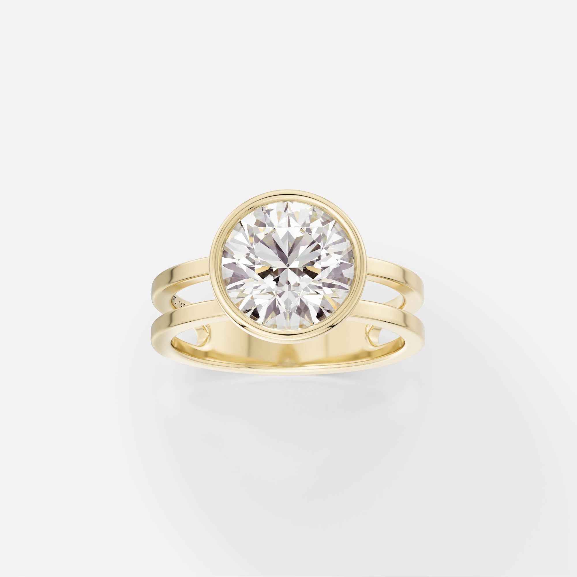 14k yellow gold double band engagement ring with 2 carat round brilliant-cut diamond in thin bezel setting