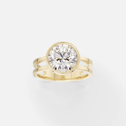 14k yellow gold double band engagement ring with 2 carat round brilliant-cut diamond in thin bezel setting