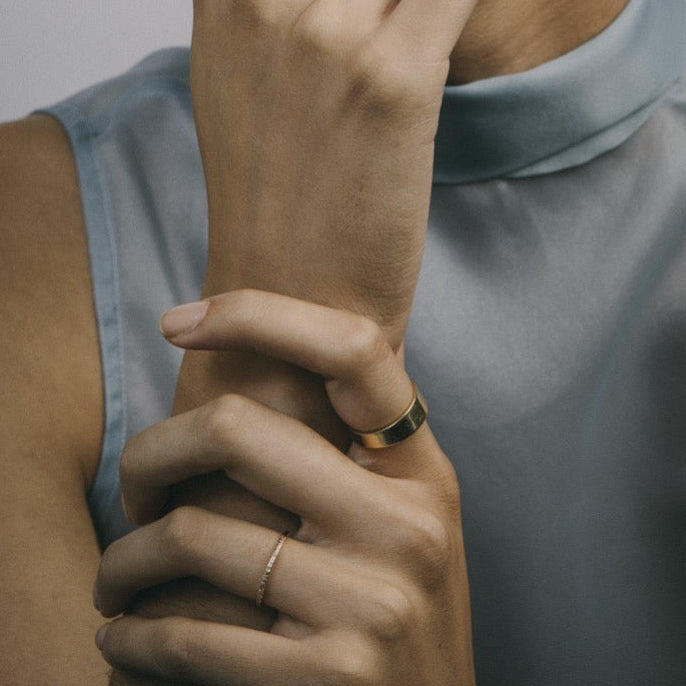 Minimalist Half Pave diamonds and precious gemstones Wedding Ring in Solid 14k gold by SHW fine jewelry store in NYC 