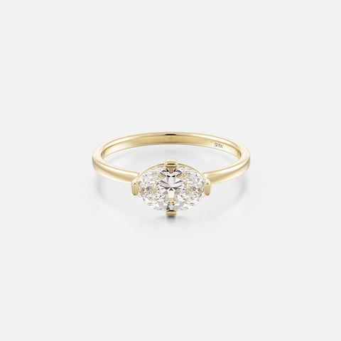 14k yellow gold engagement ring with 1ct east-west oval diamond and compass prongs
