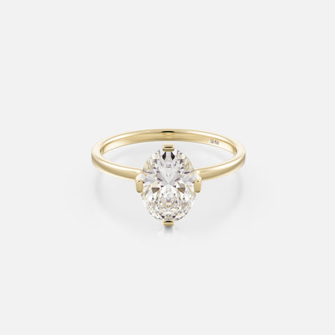 14k yellow gold thin flat band engagement ring with 1.75 carat oval diamond set north south