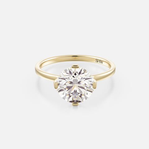 14k yellow gold thin flat band engagement ring with 2.50 carat round brilliant diamond