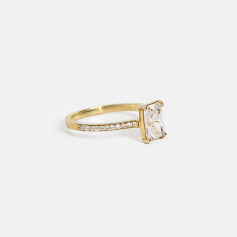 Radiant solitaire with north south setting and pavé half eternity diamonds 14k 18k gold platinum SHW Jewelry NYC