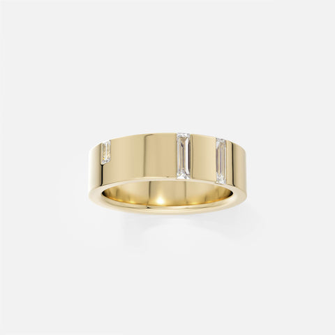 14k yellow gold 6mm wedding band with three vertically set baguette diamonds
