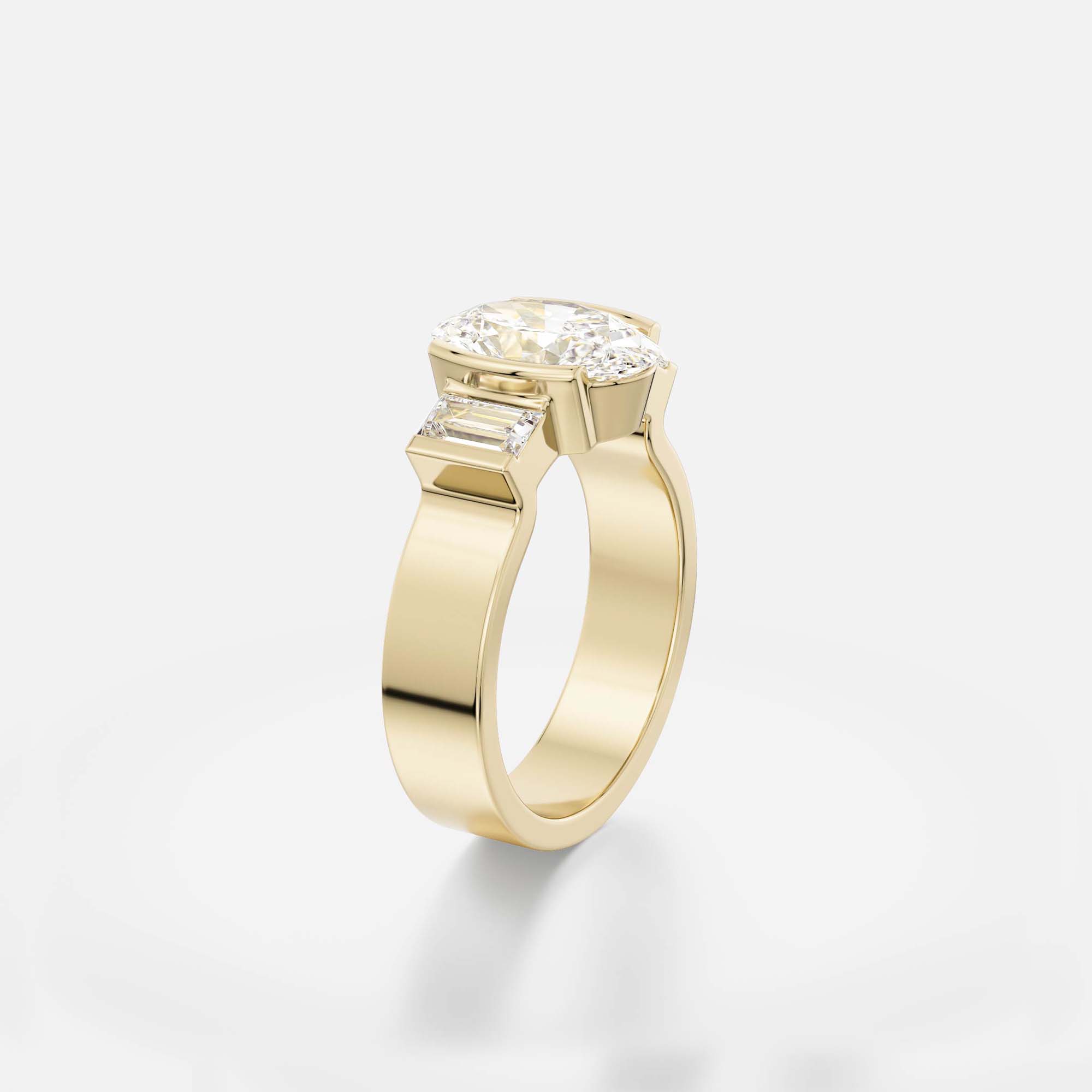 oval diamond three stone engagement ring with baguette side stones in sleek partial bezel settings on modern flat profile band