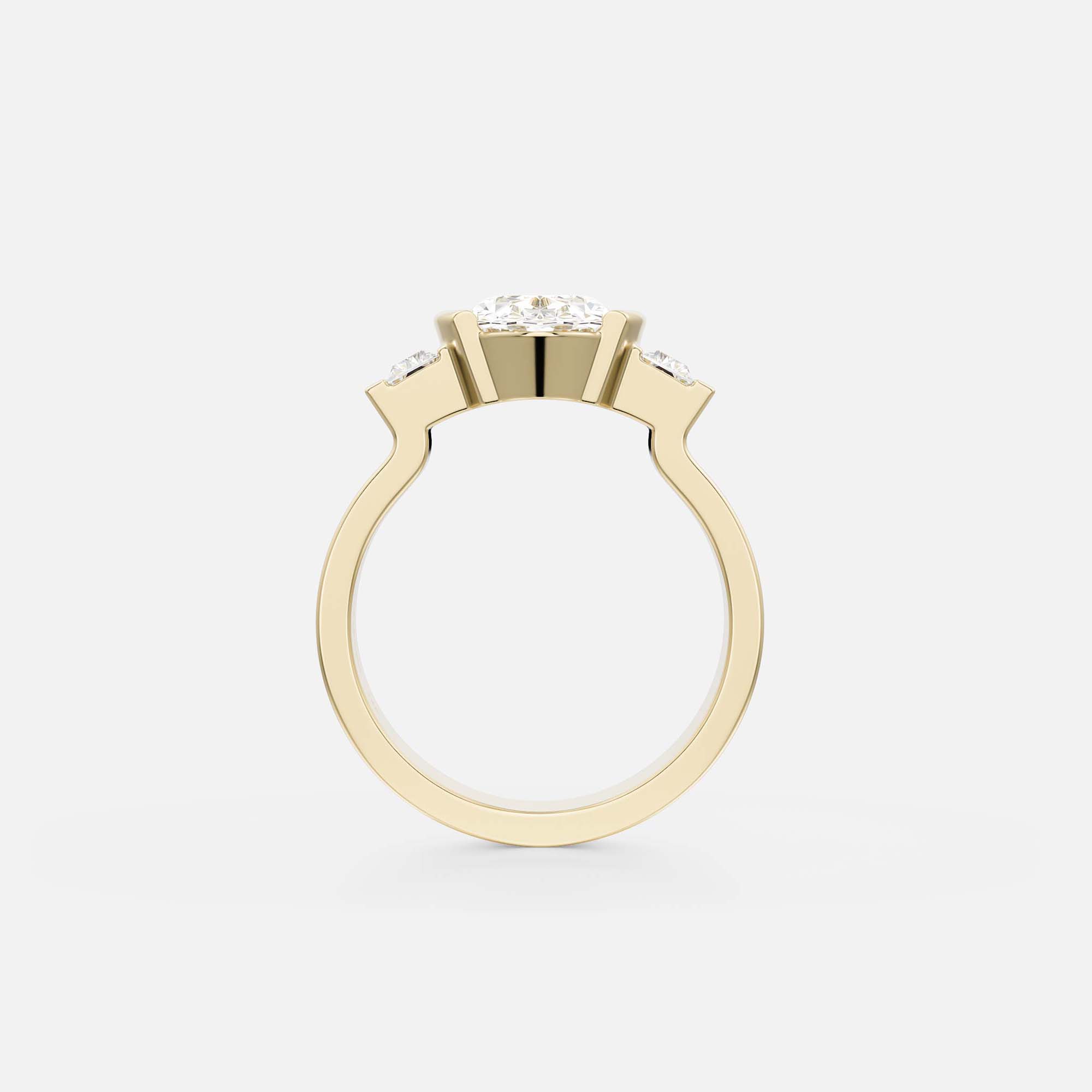 side profile of oval diamond three stone ring with baguette accents in partial bezel on structured flat band