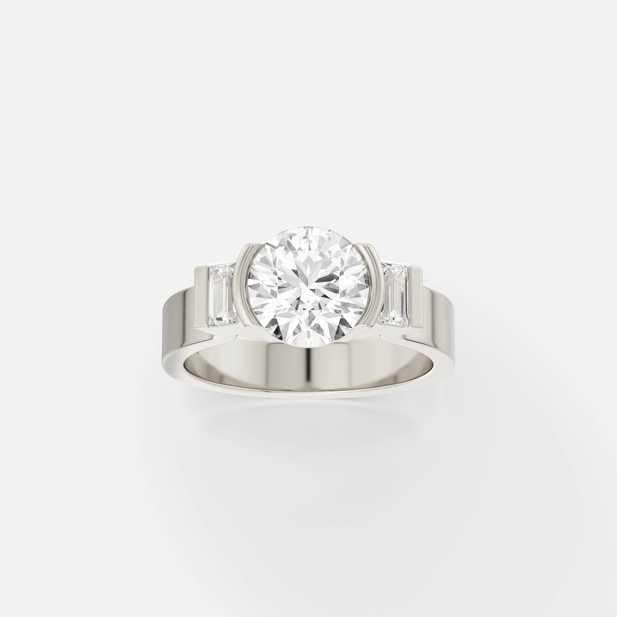 14k white gold engagement ring with round brilliant diamond and baguette side stones in partial bezel setting on flat band