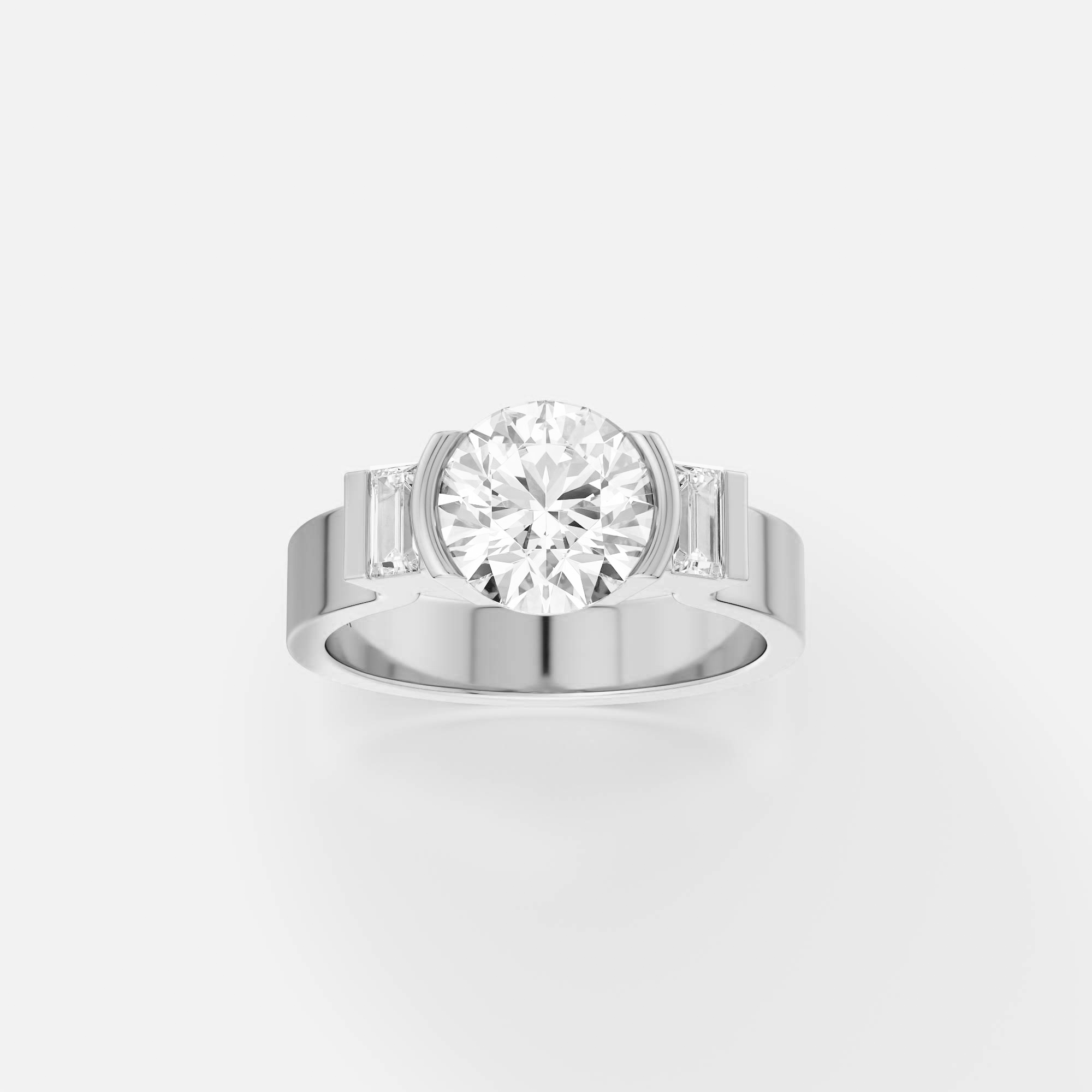 platinum three stone engagement ring with round brilliant diamond and baguette side stones in partial bezel setting