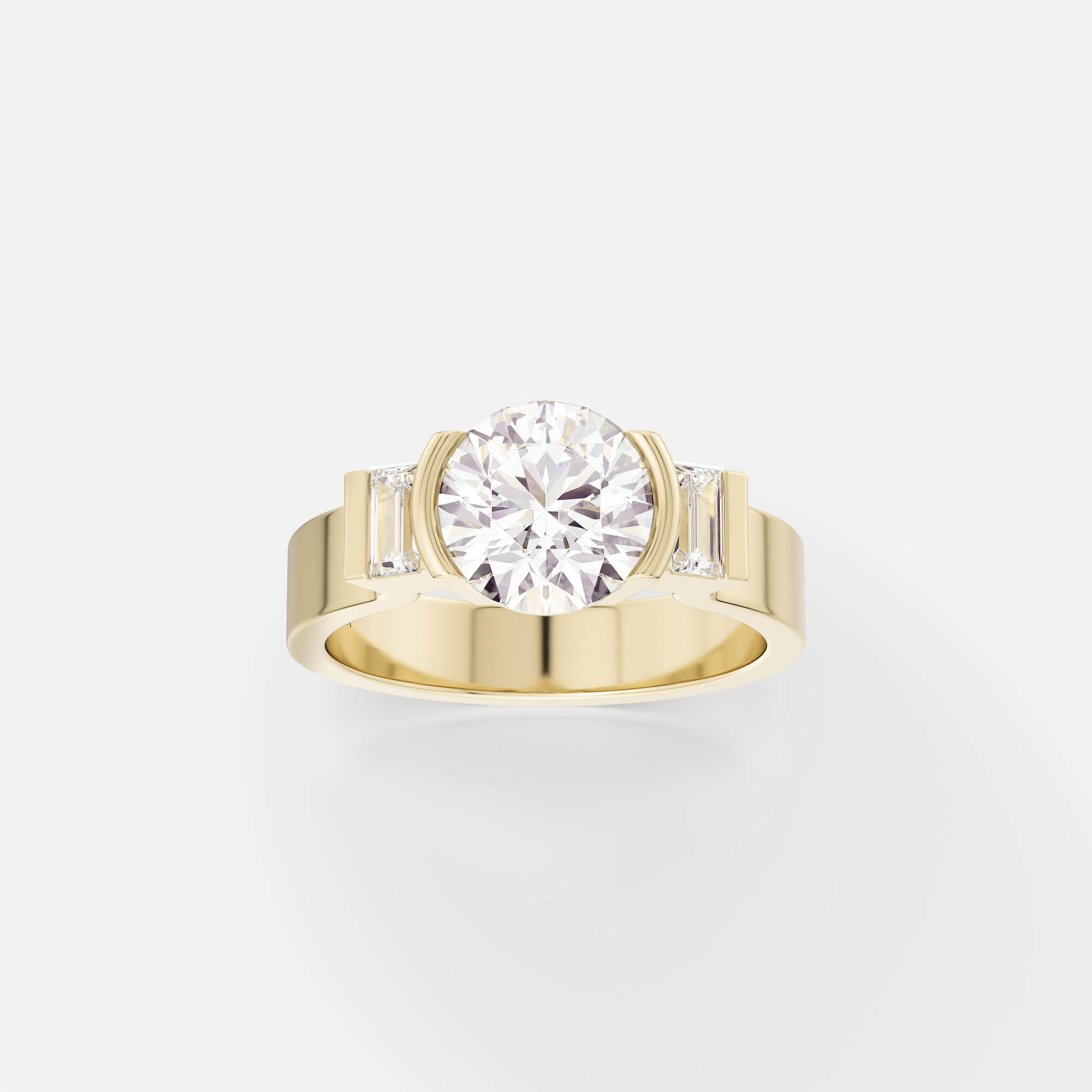 14k yellow gold three stone engagement ring with round brilliant diamond and baguette side stones in partial bezel setting on flat profile band