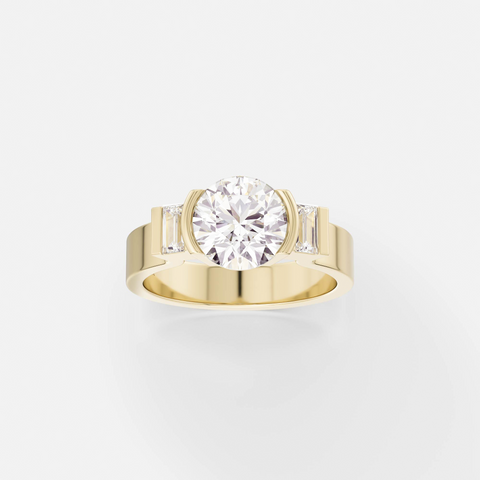 14k yellow gold three stone engagement ring with round brilliant diamond and baguette side stones in partial bezel setting on flat profile band