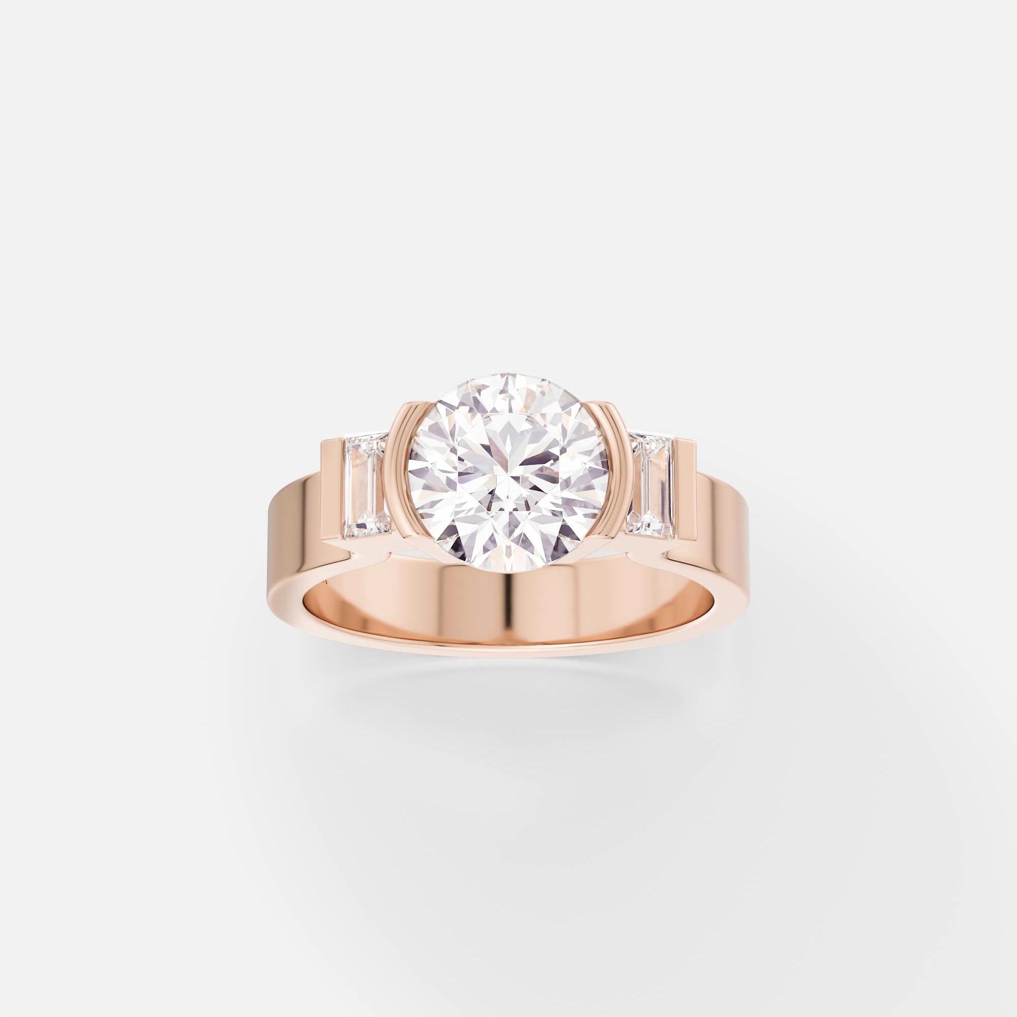 14k rose gold three stone engagement ring with round brilliant diamond and baguette side stones in partial bezel