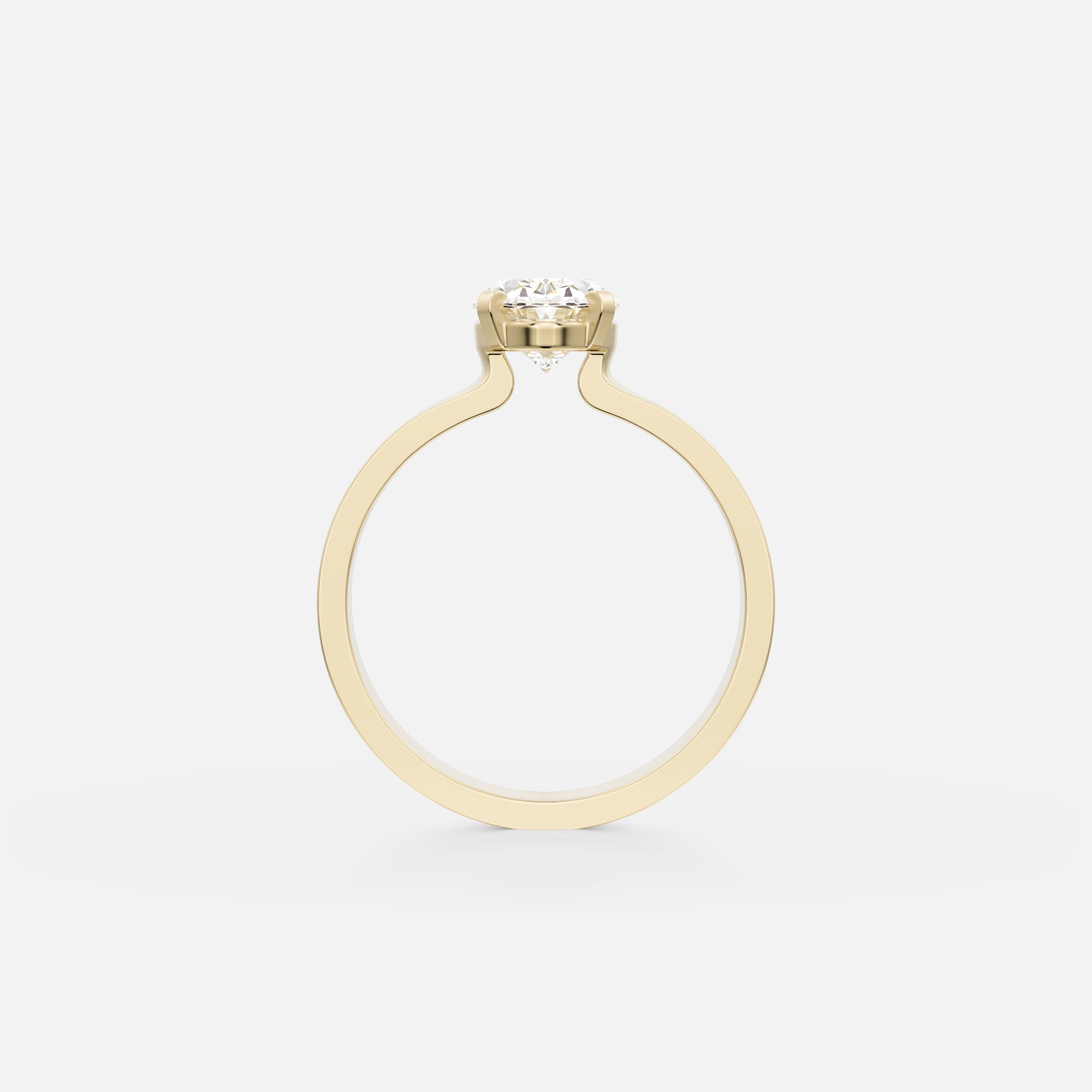 14 karat yellow gold engagement ring with oval diamond in corner prong setting on wide back flat profile band