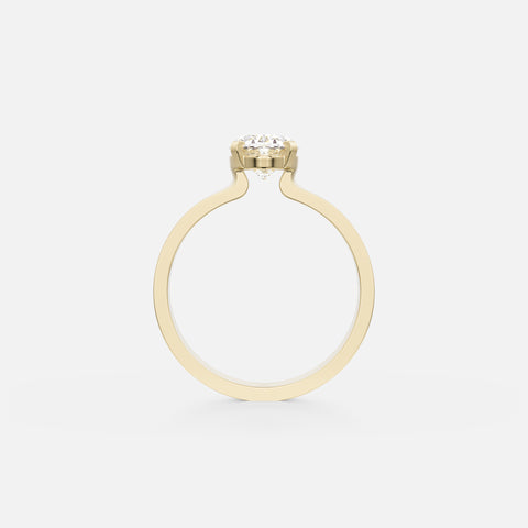 14 karat yellow gold engagement ring with oval diamond in corner prong setting on wide back flat profile band