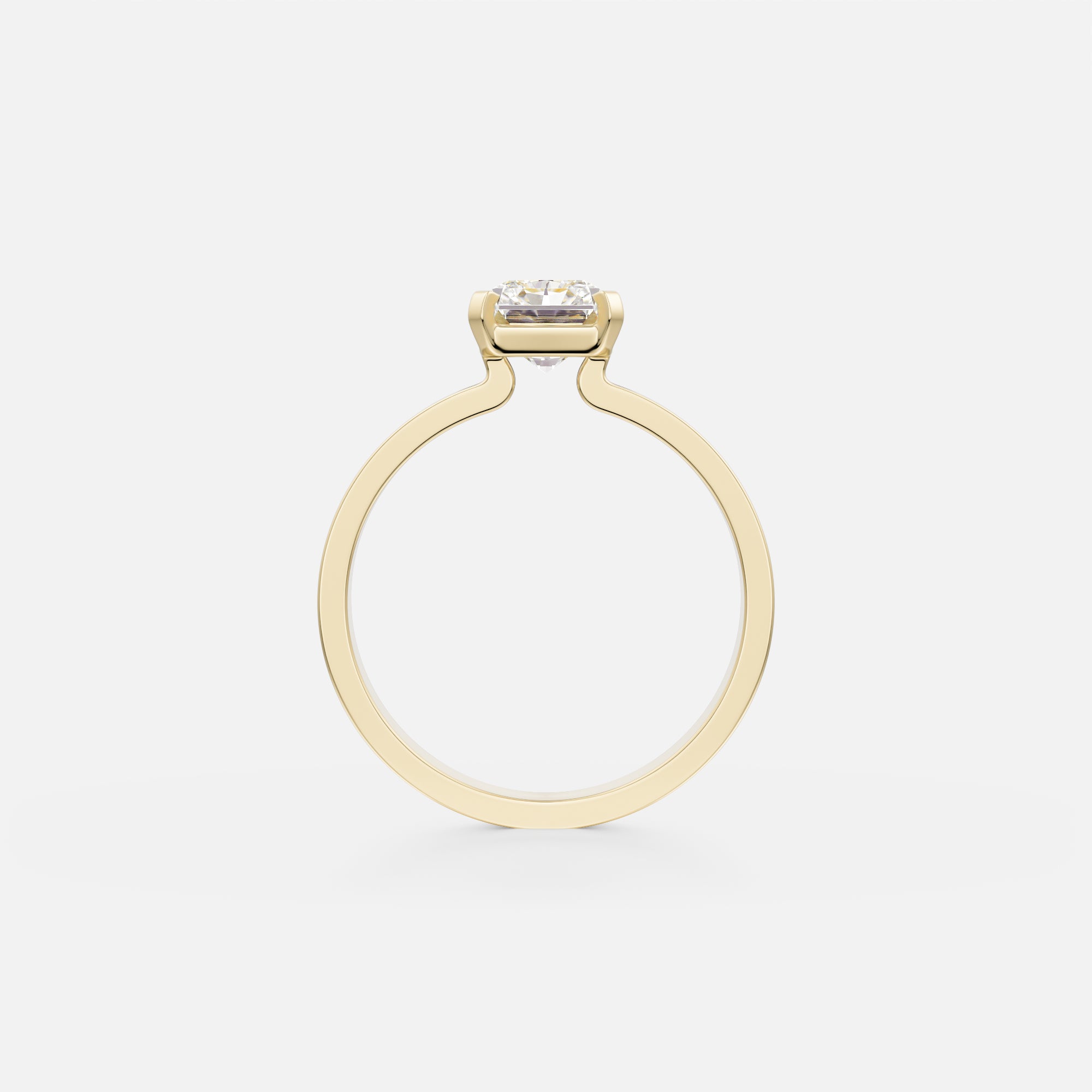 14 karat yellow gold engagement ring with radiant-cut diamond in corner prong setting on wide back flat profile band