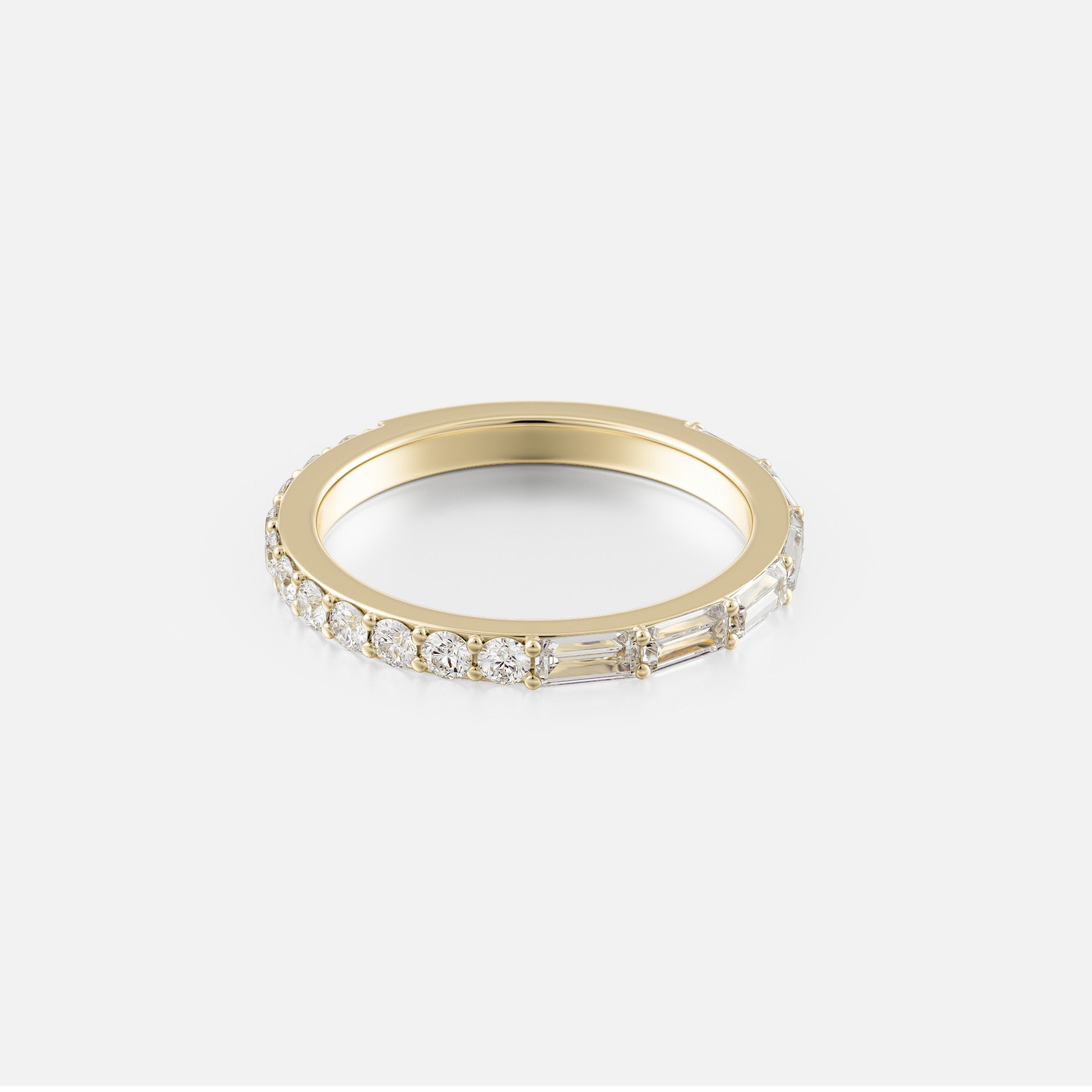 14k yellow gold eternity wedding band with asymmetrical round and baguette diamonds