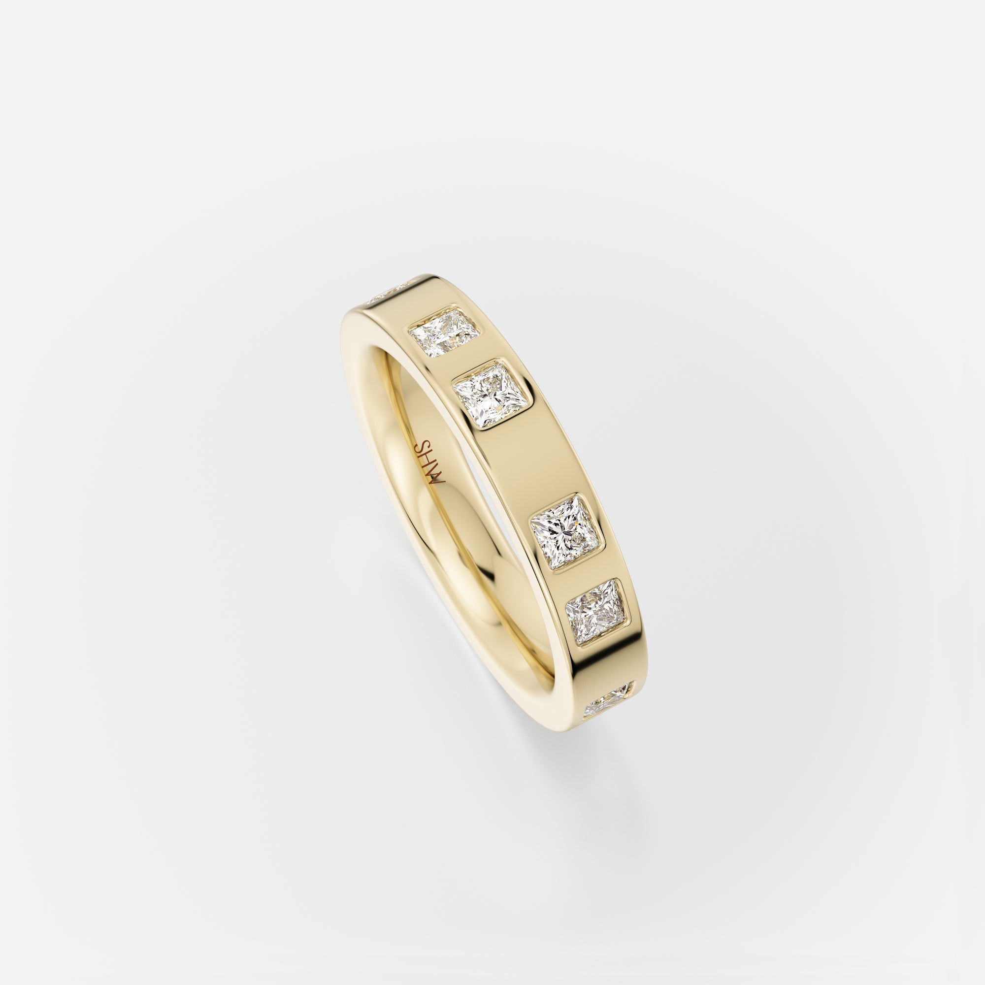 14k yellow gold 3mm eternity wedding band with paired princess-cut diamonds