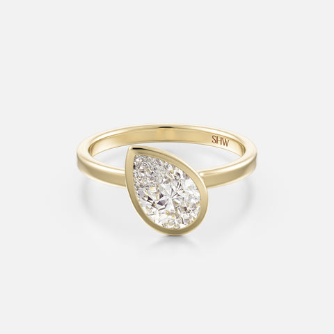 Unique Bezel Engagement Ring with Pear shaped Lab made Natural Diamond 14k 18k yellow white rose gold or platinum SHW Fine Jewelry NYC NJ