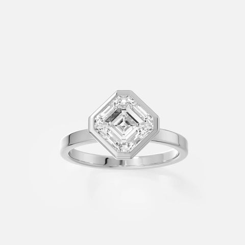 platinum engagement ring with tilted asscher diamond in modern bezel setting on minimal flat band