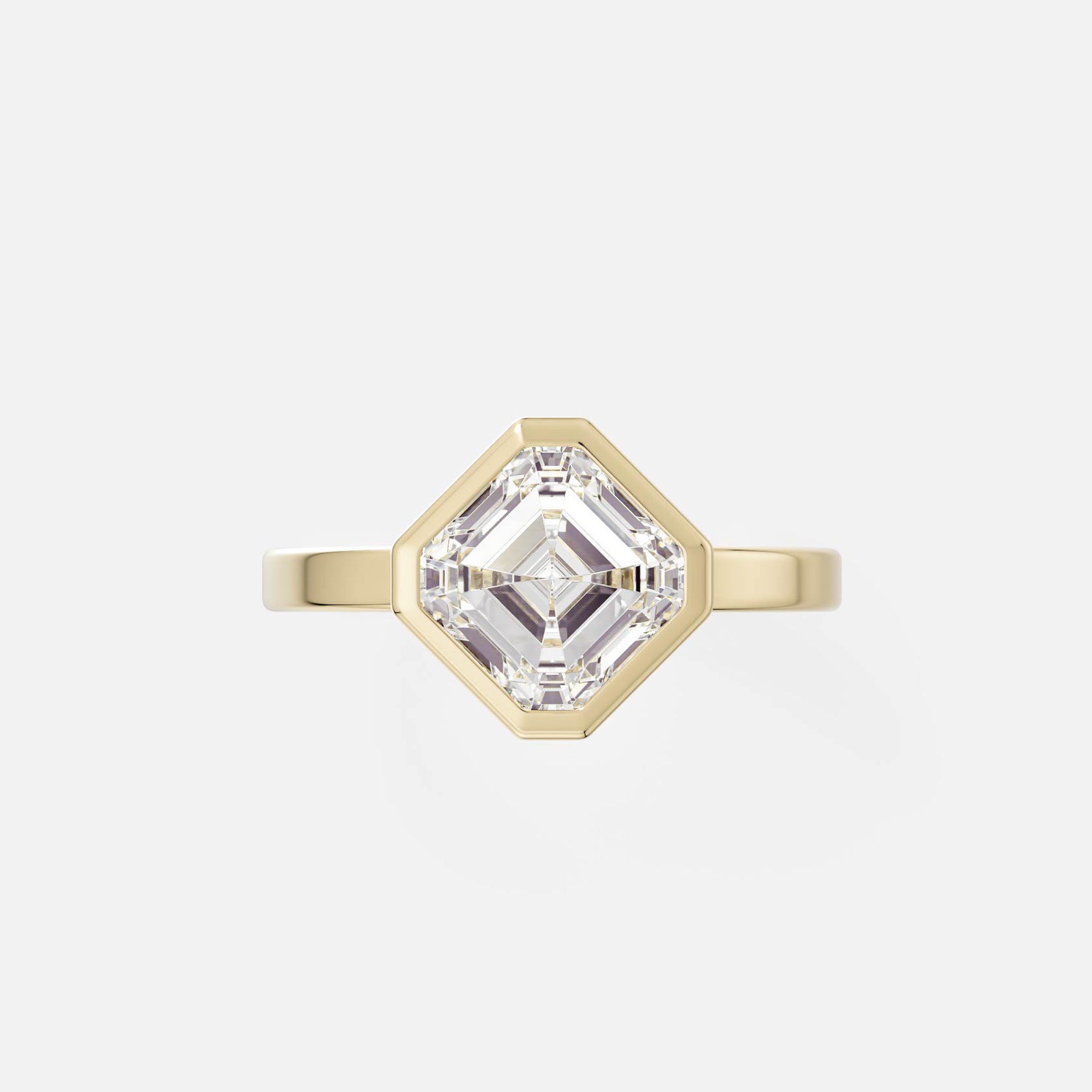 top view of tilted square asscher diamond engagement ring in modern bezel set design with thin flat band
