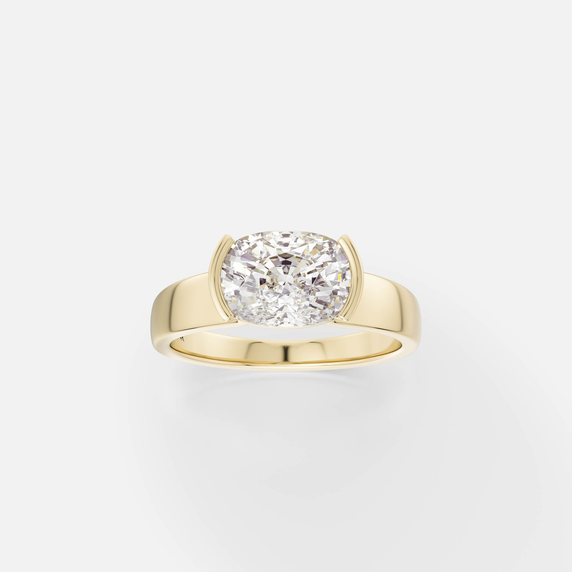 14k yellow gold engagement ring with 2.00 carat east-west cushion-cut diamond in tapering partial bezel on tapered band