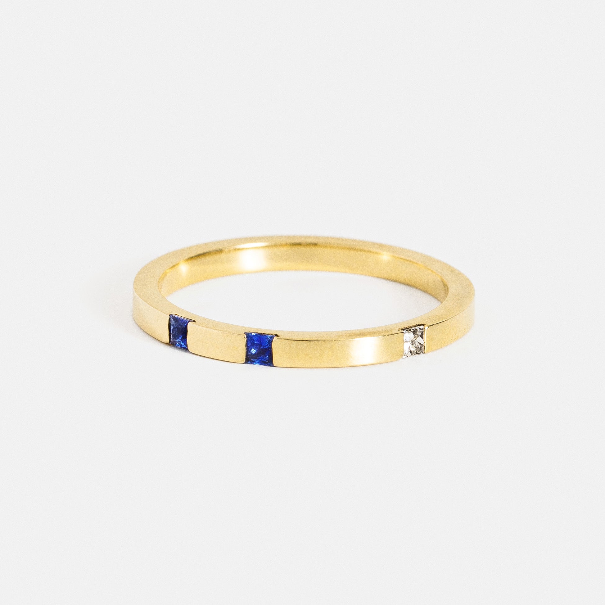 Contemporary Delicate Wedding Ring with Princess-cut White Diamond and Sapphire set to edge in 14 karat gold by SHW fine jewelry shop NYC