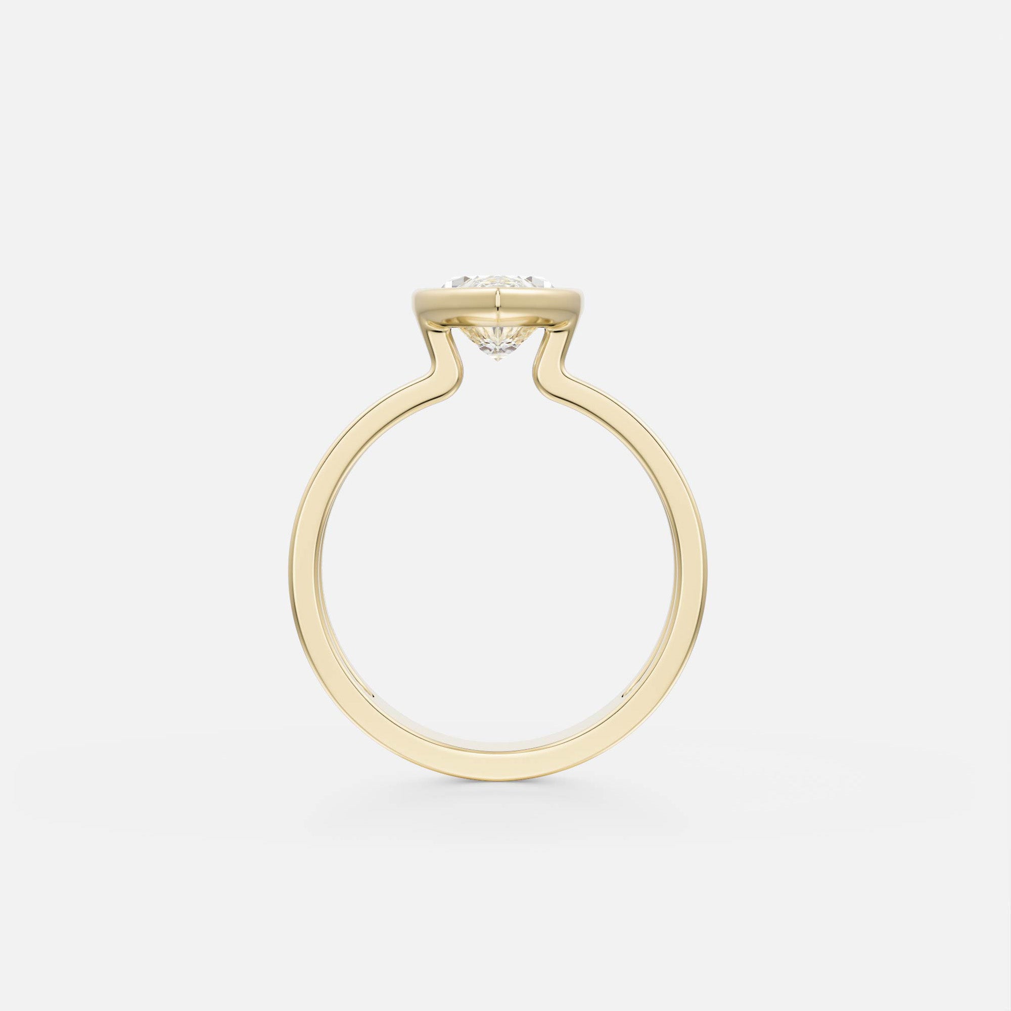 14 karat yellow gold engagement ring with marquise diamond in thin bezel on open double band