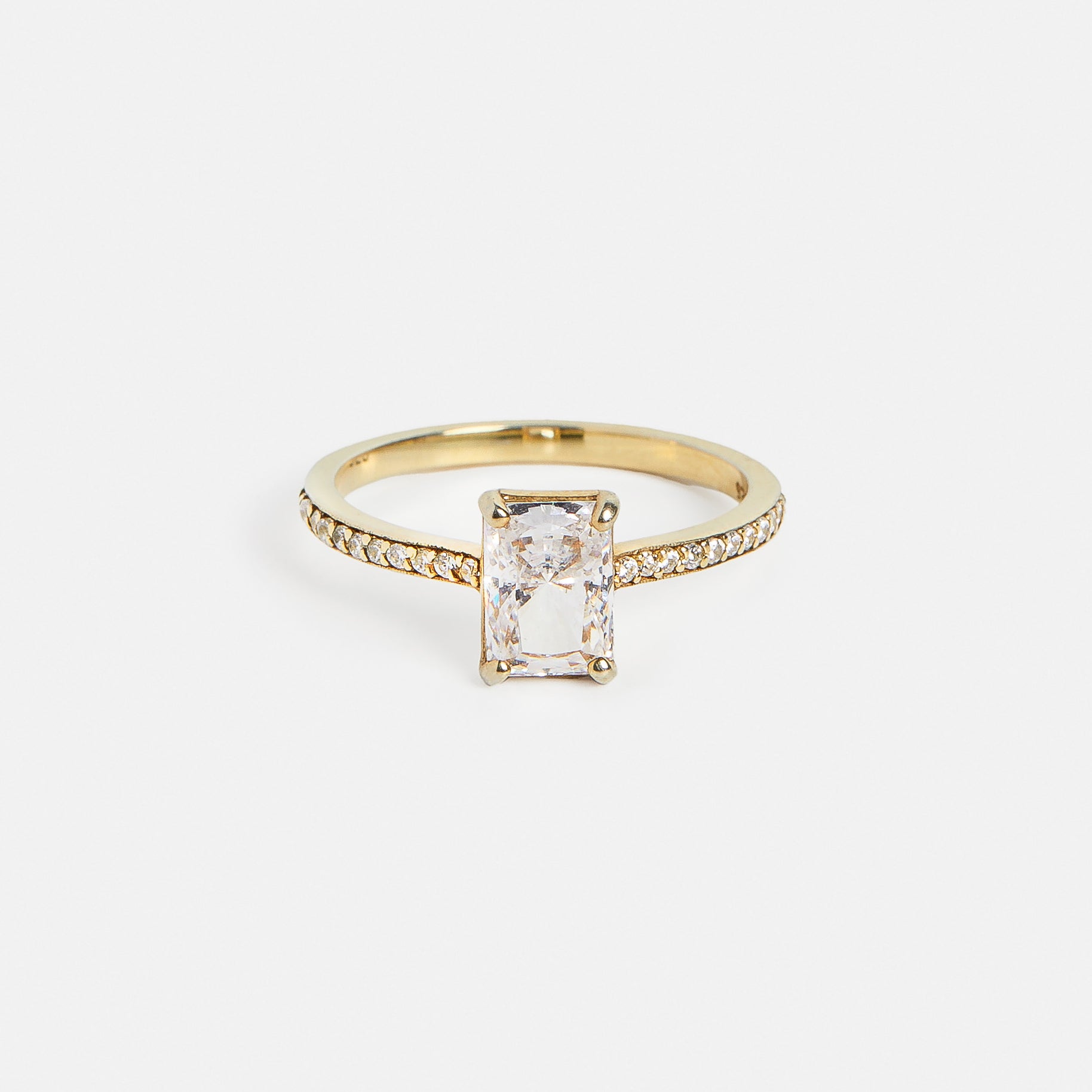 Pavé Inga radiant cut diamond engagement ring with pavé band front view in 14k yellow gold