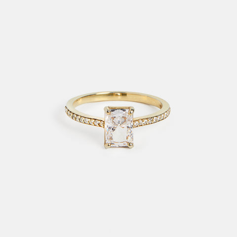Pavé Inga radiant cut diamond engagement ring with pavé band front view in 14k yellow gold