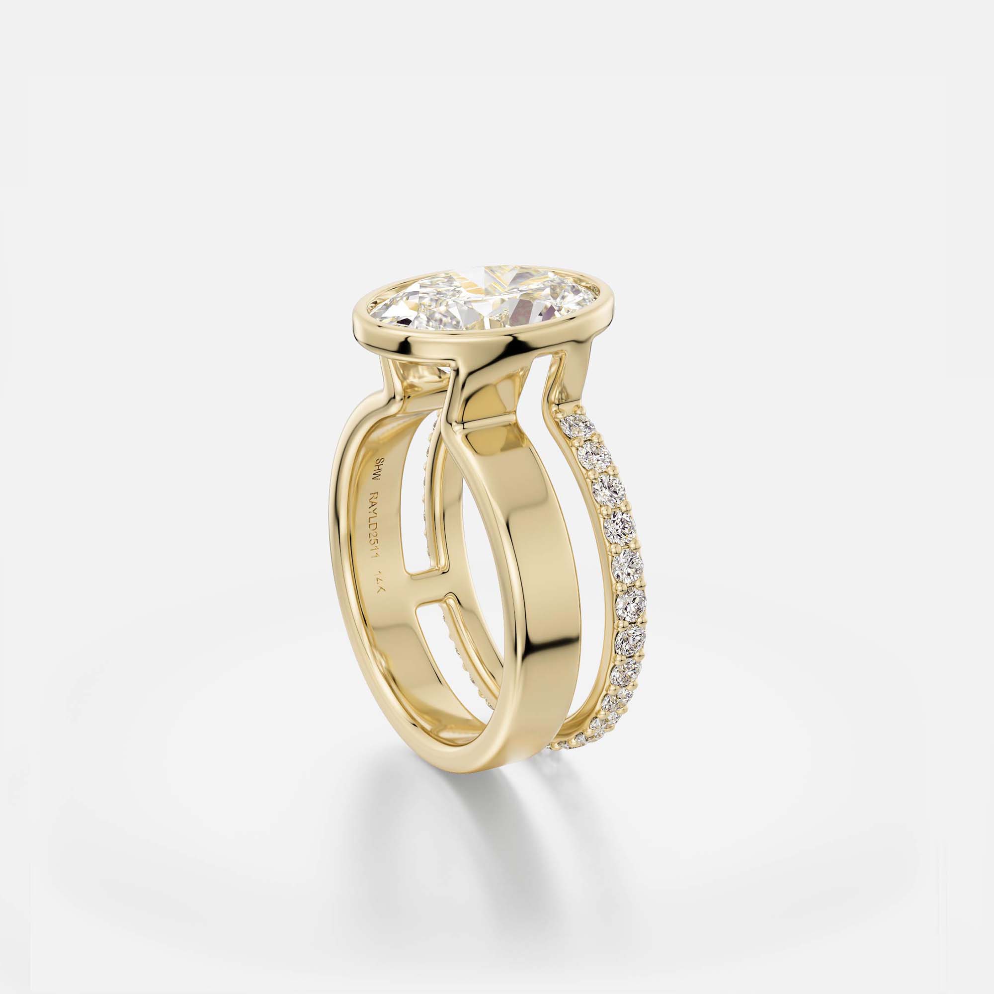 4 carat oval diamond engagement ring with bezel setting and pavé diamond eternity band on sculptural double band