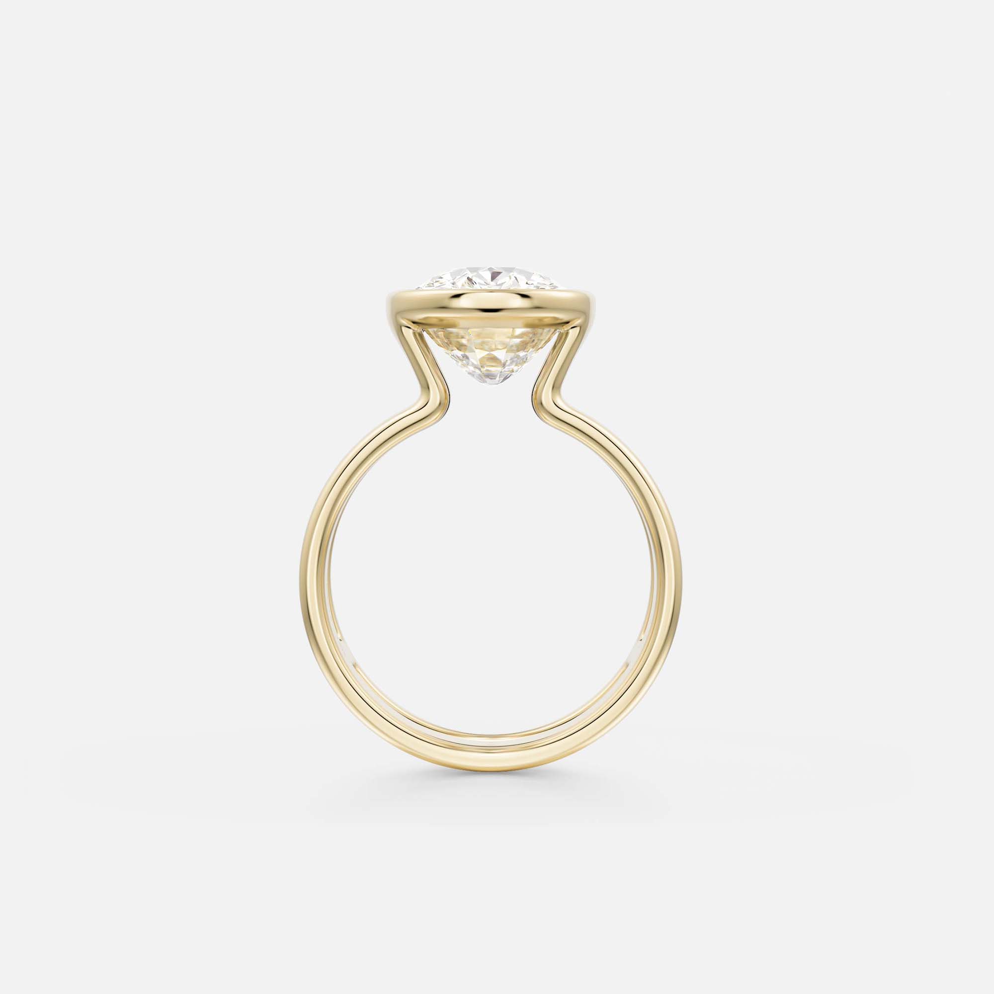 side view of 4 carat cushion diamond bezel engagement ring with open setting on connected double band