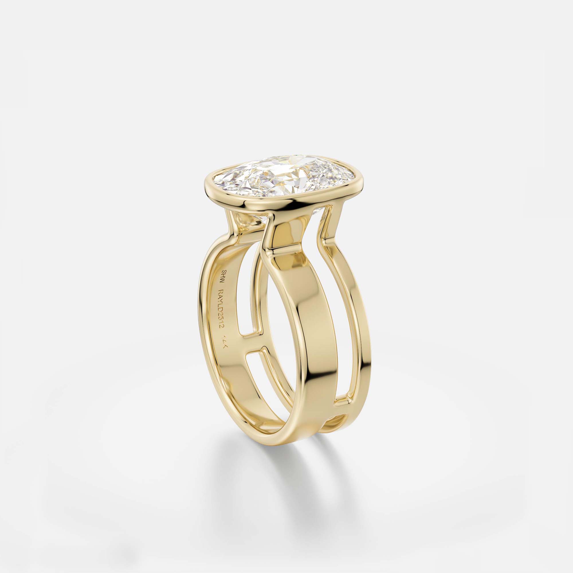 4 ct cushion-cut diamond engagement ring with bezel setting on contemporary asymmetrical double band