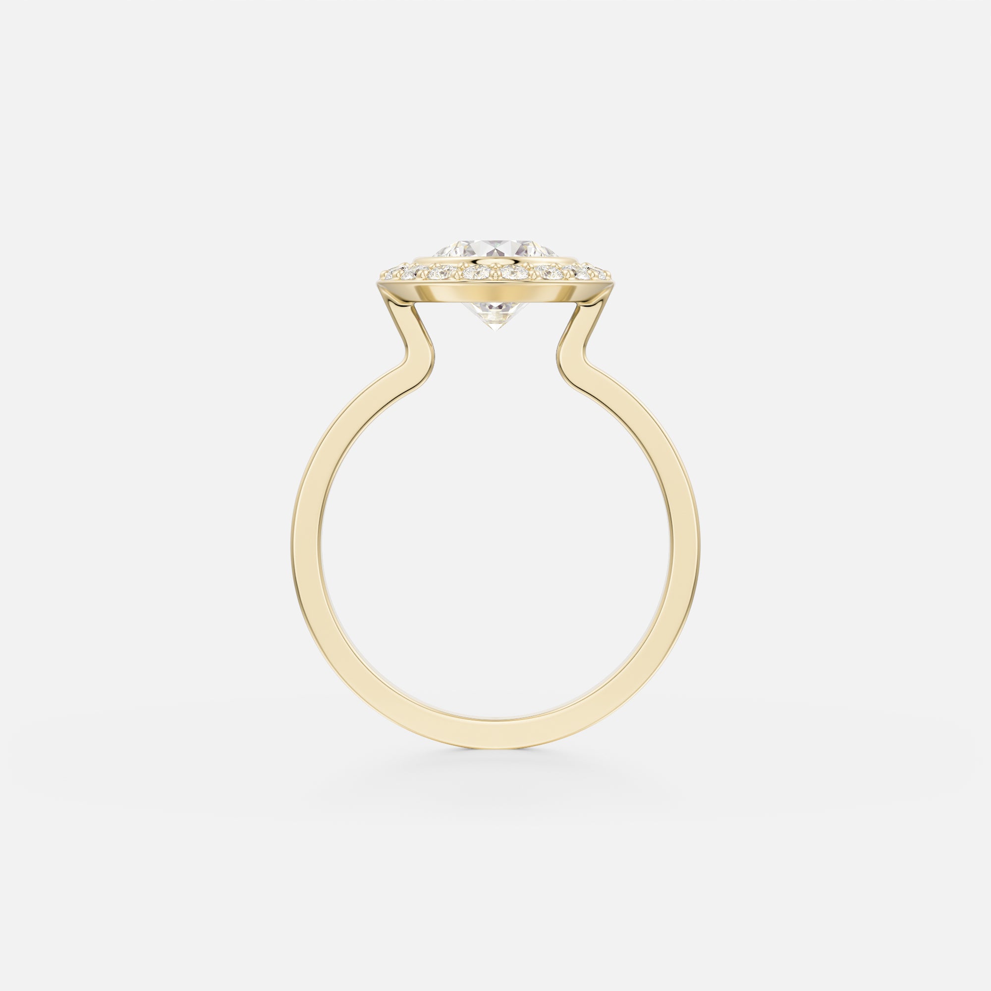 Saule pavé halo bezel round diamond engagement ring side view