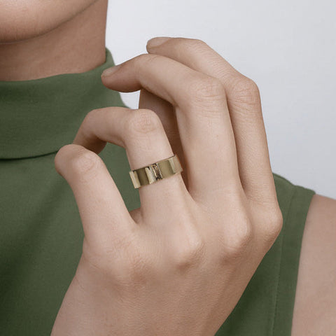 Unique Minimal Wide Band with a Baguette Quartz Gemstone in solid 14k yellow gold by SHW best fine jewelry store in downtown NYC