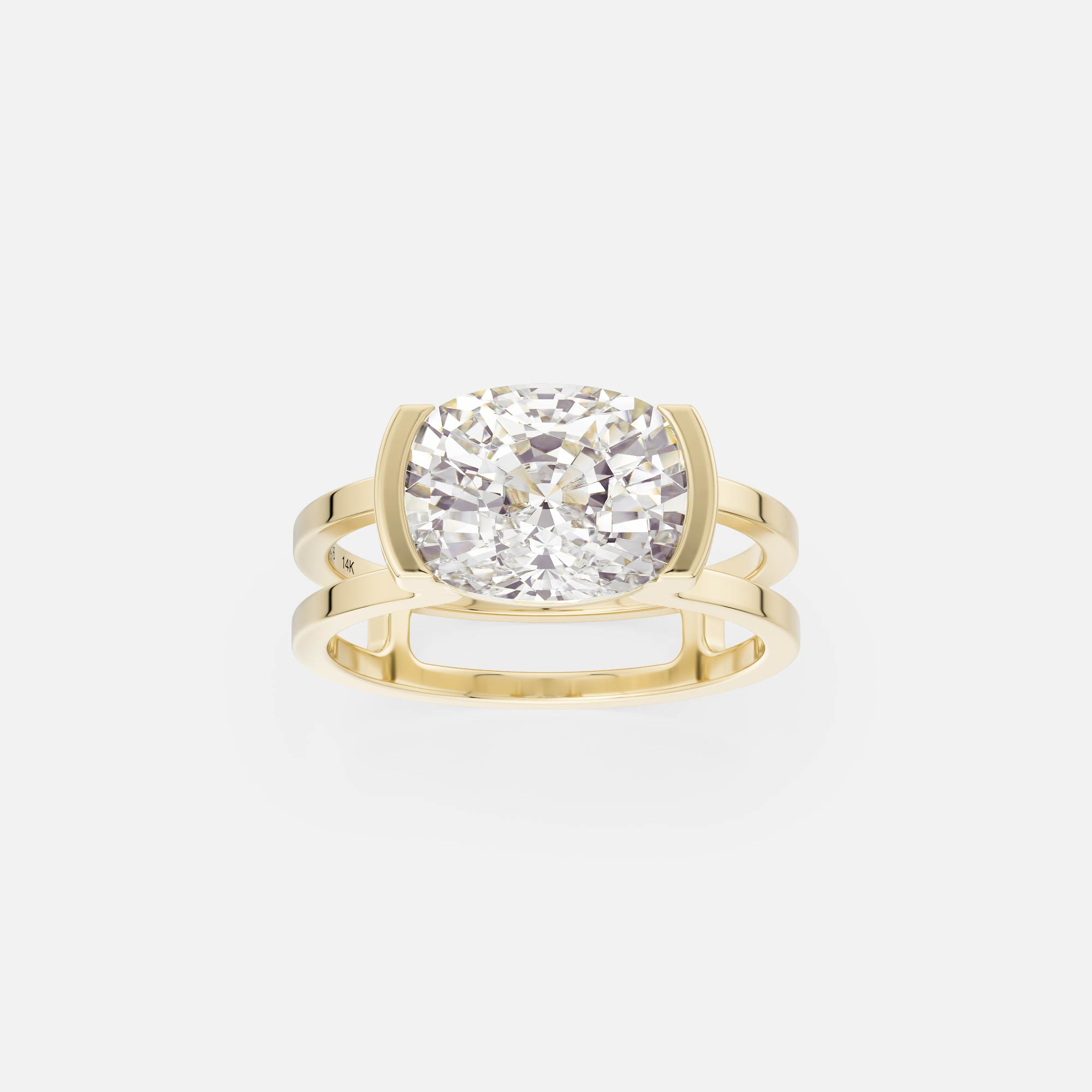 14k yellow gold engagement ring with 3 carat east-west cushion cut diamond in partial bezel double band setting