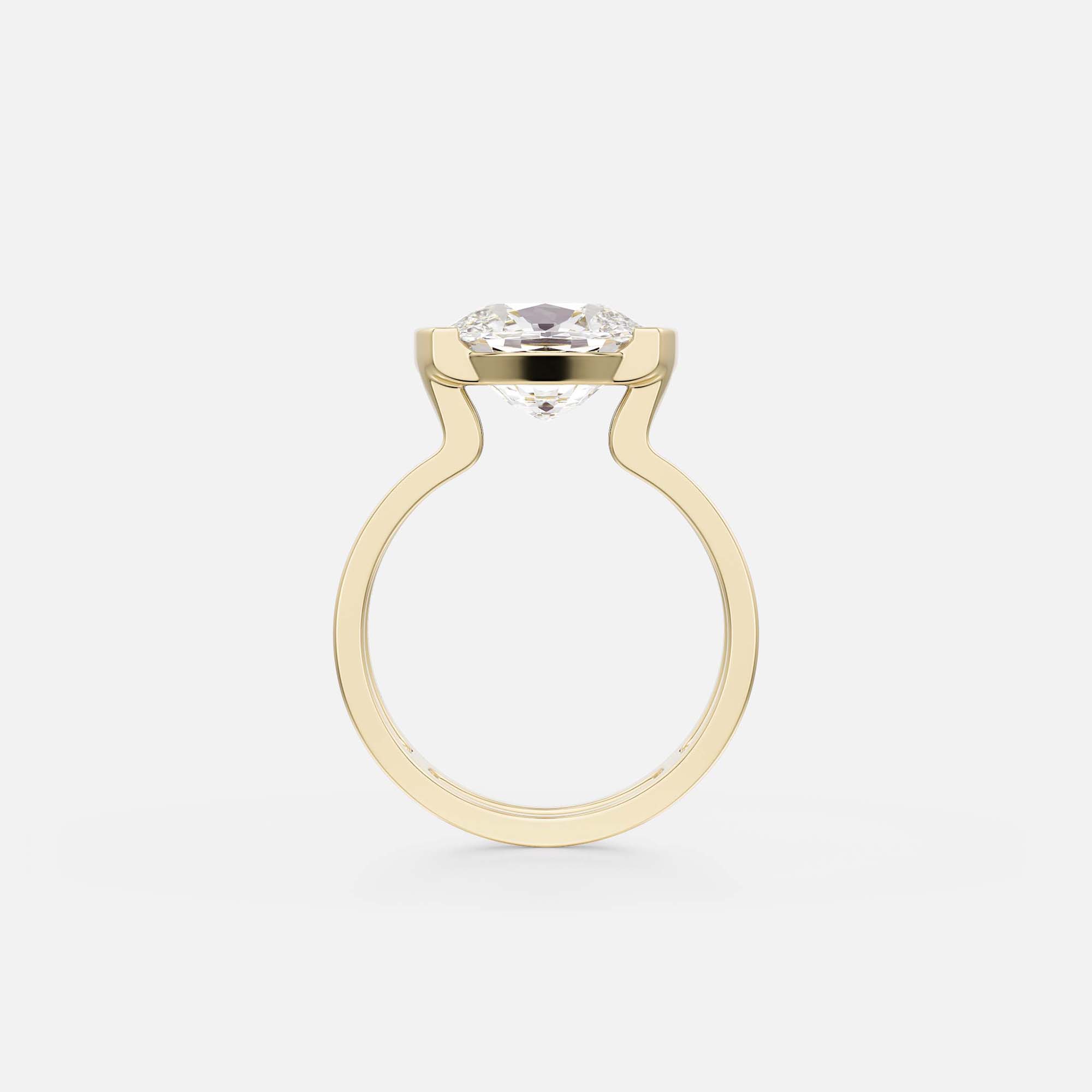 side profile of east-west cushion cut diamond engagement ring with open partial bezel and connected double bands