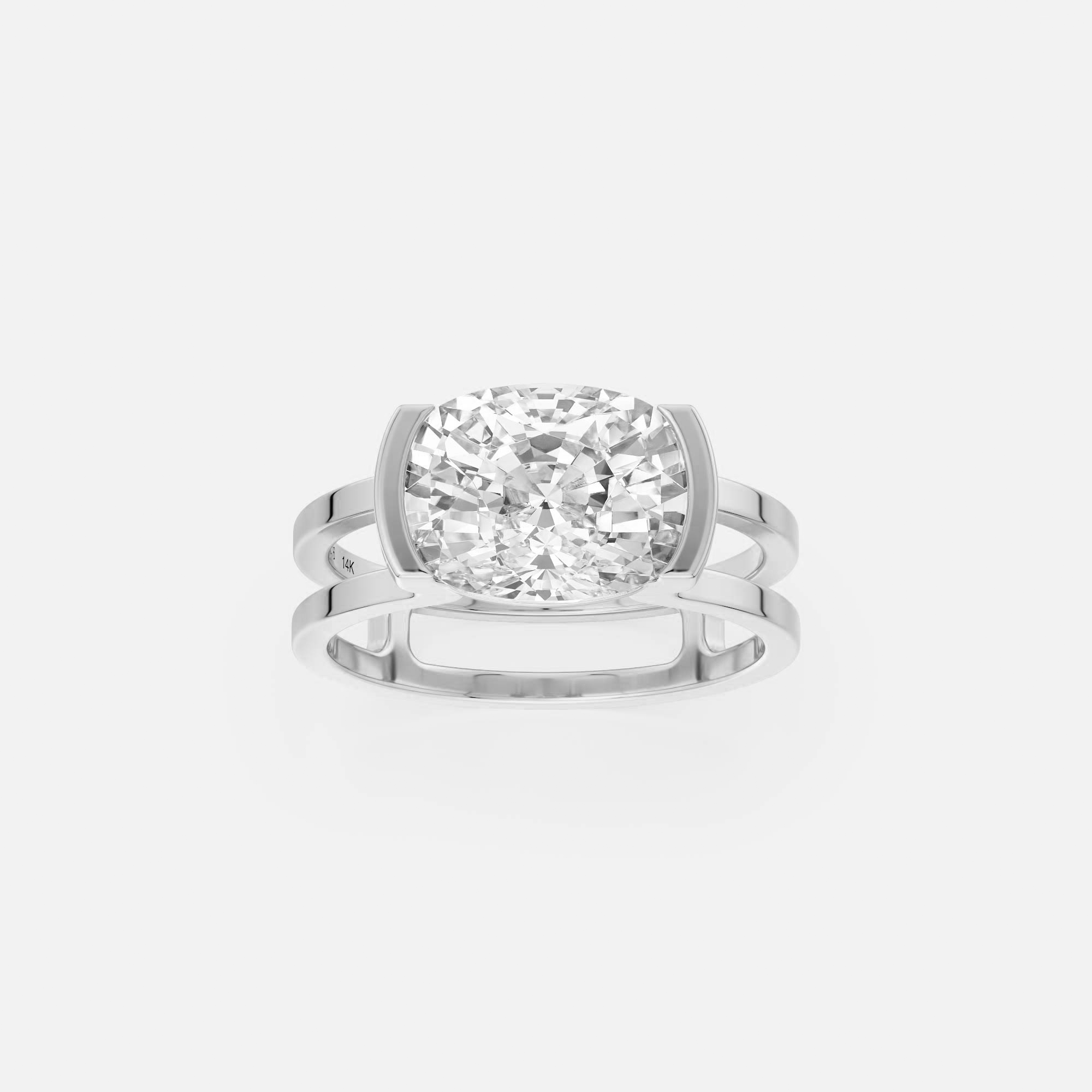 3 carat east-west cushion cut diamond engagement ring with double band worn on hand