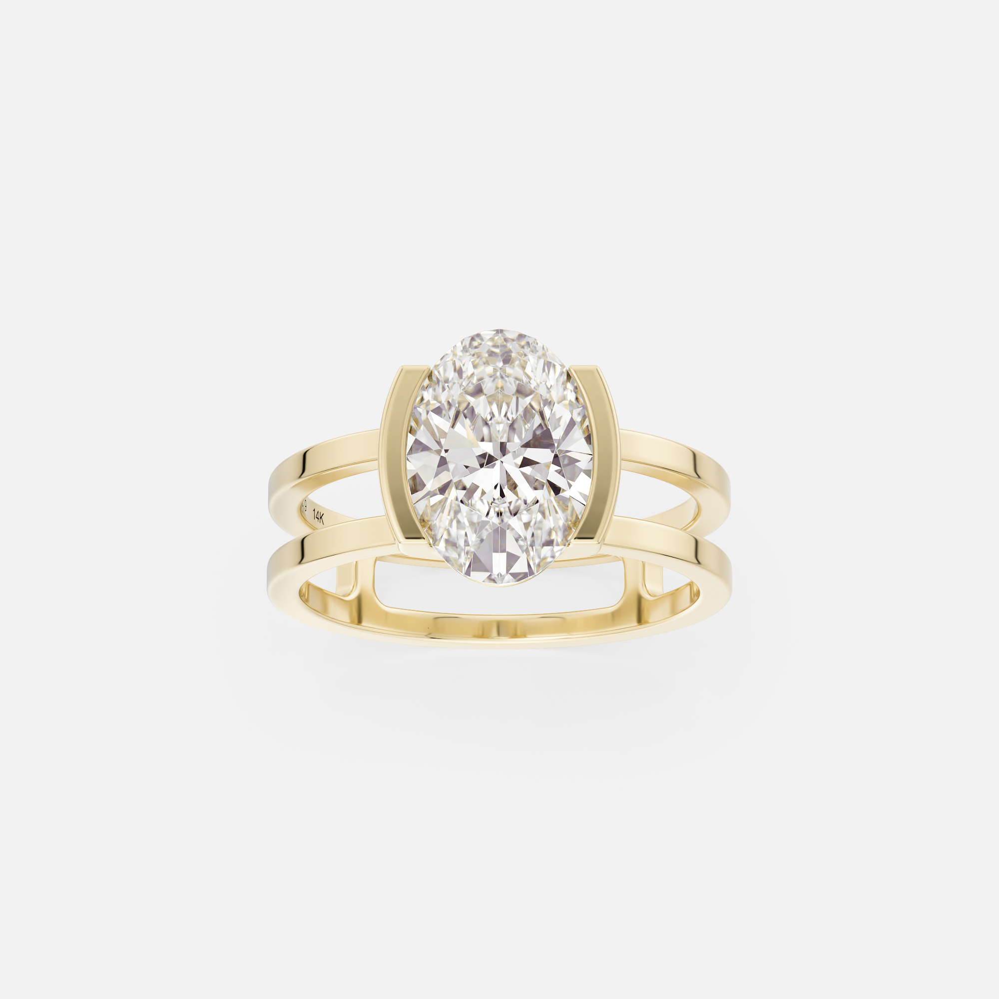14k yellow gold 2.00 carat elongated oval diamond engagement ring with double band and tapering partial bezel