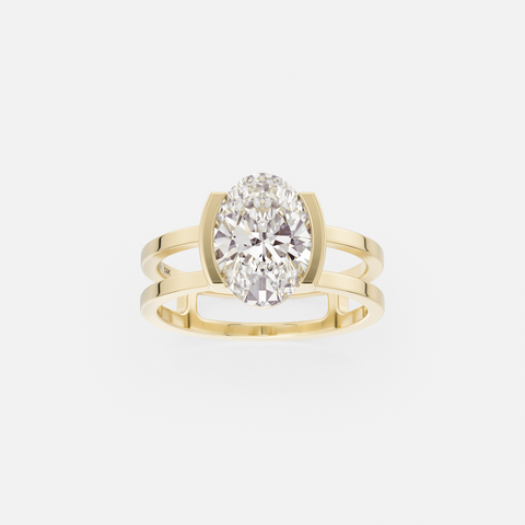 14k yellow gold 2.00 carat elongated oval diamond engagement ring with double band and tapering partial bezel