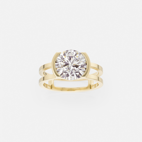 14k yellow gold 2.50 carat round brilliant diamond engagement ring with double band and tapering partial bezel open side setting