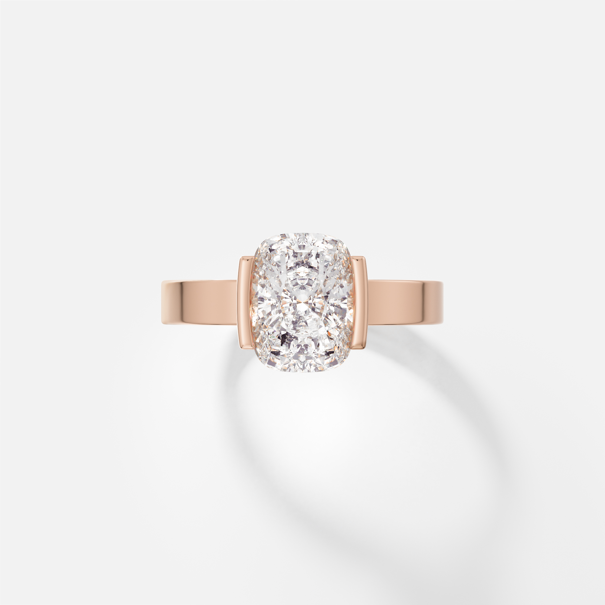 14k rose gold engagement ring with 2.00 carat cushion-cut diamond set in tapering partial bezel