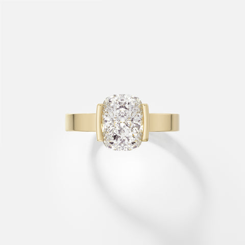 14k yellow gold engagement ring with 2.00 carat cushion-cut diamond set north-south in tapered partial bezel on wide flat band